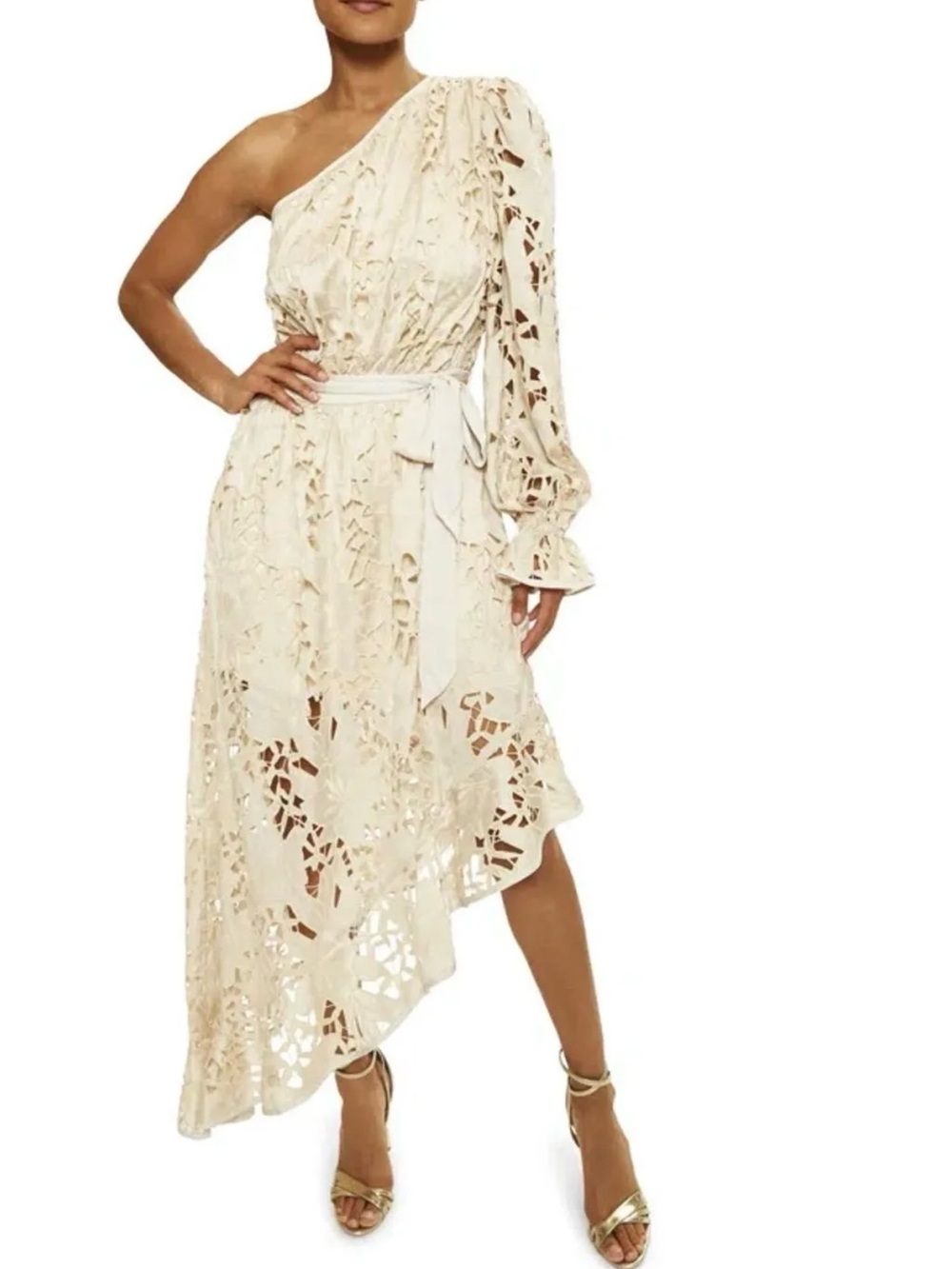 Laila Jayde One-Shoulder Cream Lace Asymmetric Midi Dress